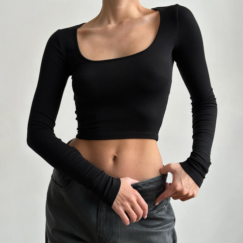 Round Neck Long Sleeve Fitted Crop Top T-Shirt