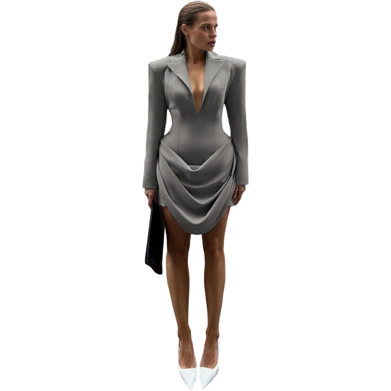 Tailored solid color deep V-neck waist cinching slimming suit dress