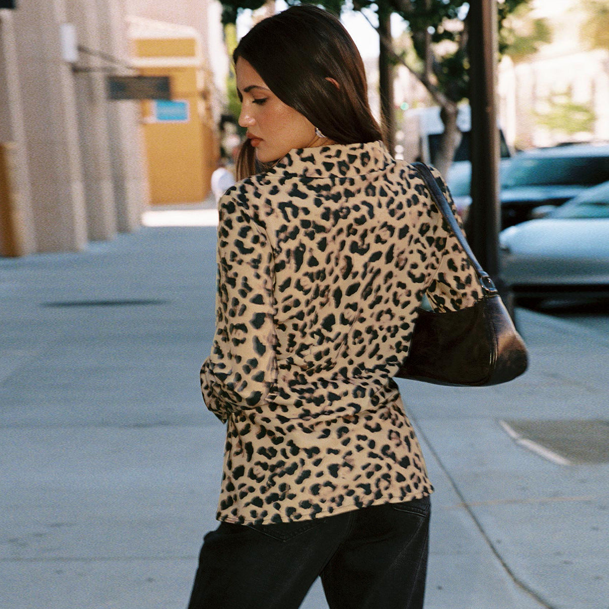 Leopard print elastic shirt for women