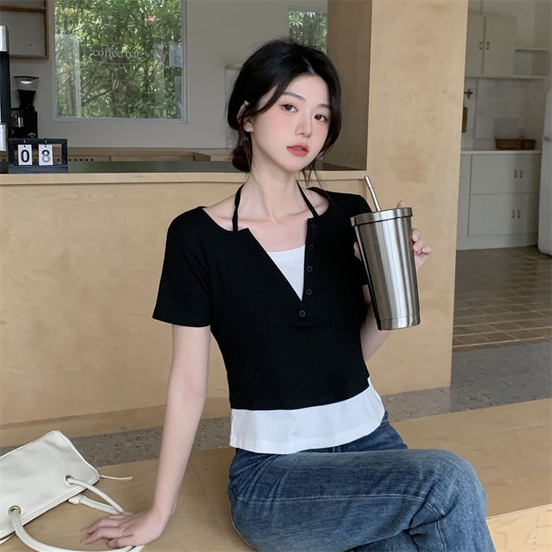 French Sweet and Spicy Halter Fitted Short Sleeve Slim Design Fake Two-Piece Crop Top