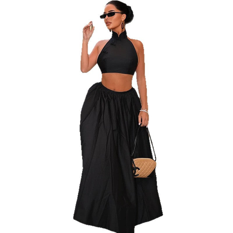 Women's Dress Set Sleeveless Stand Collar Long Skirt with Pleated Waist and Crop Top