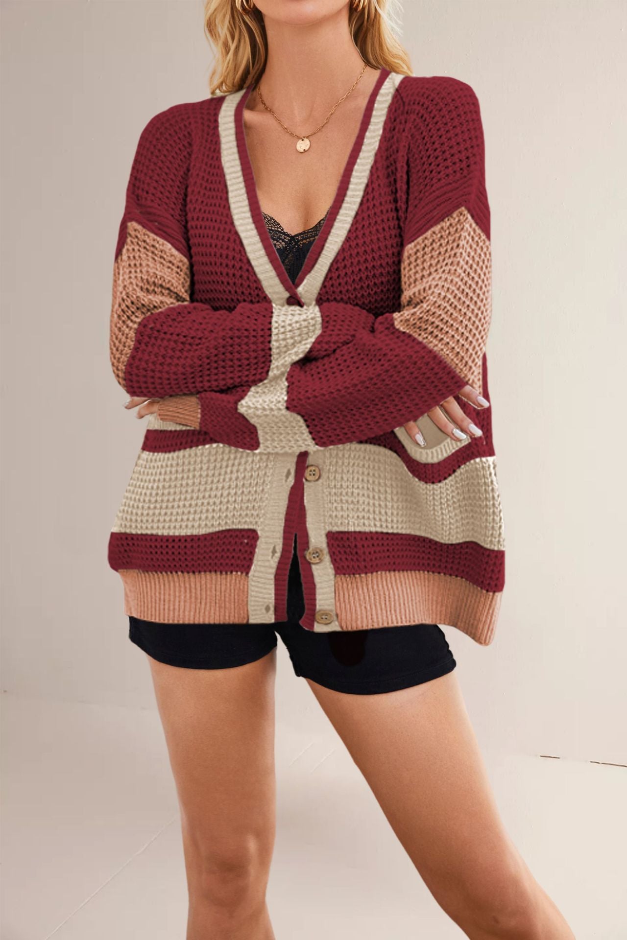 Women’s Color-Blocked V-Neck Knit Cardigan Jacket