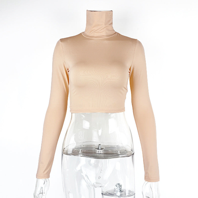 Women's slim fit crop exposed long sleeved high neck top