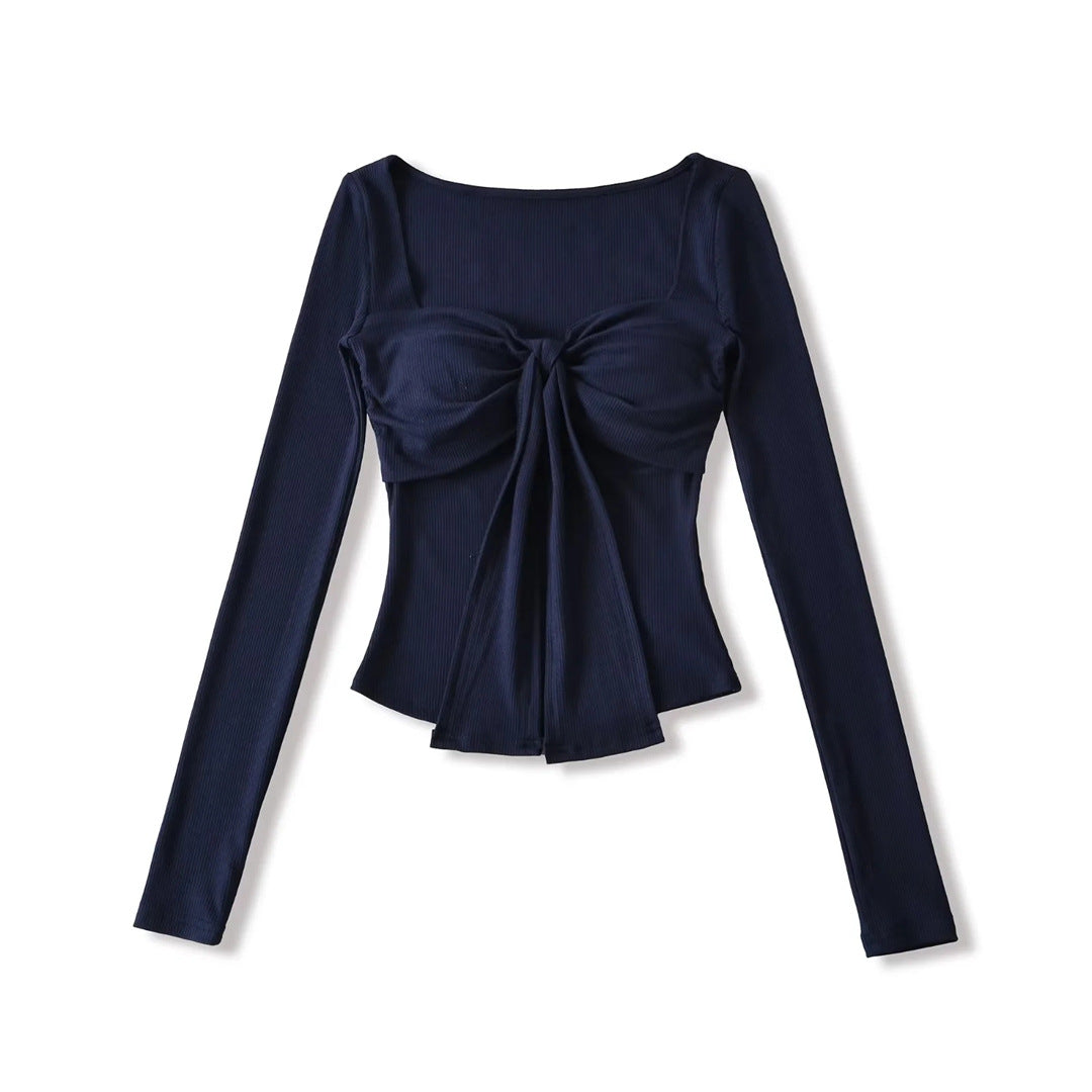 Sense Solid Color Padded Bow Knotted Long Sleeve T-Shirt Spring Sexy Crop Top with Ruched Fitted Design