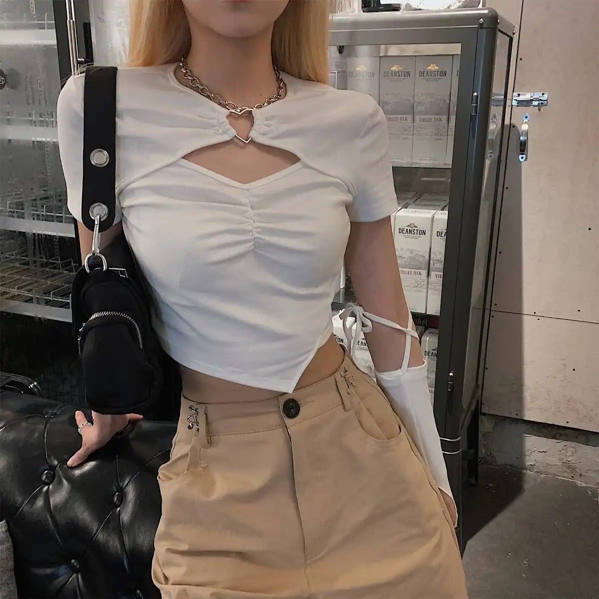 New Korean Cut Out Short Sleeve T-Shirt for Female Summer Hot Girls Sexy Slim Design Sense Versatile Short Crop Top
