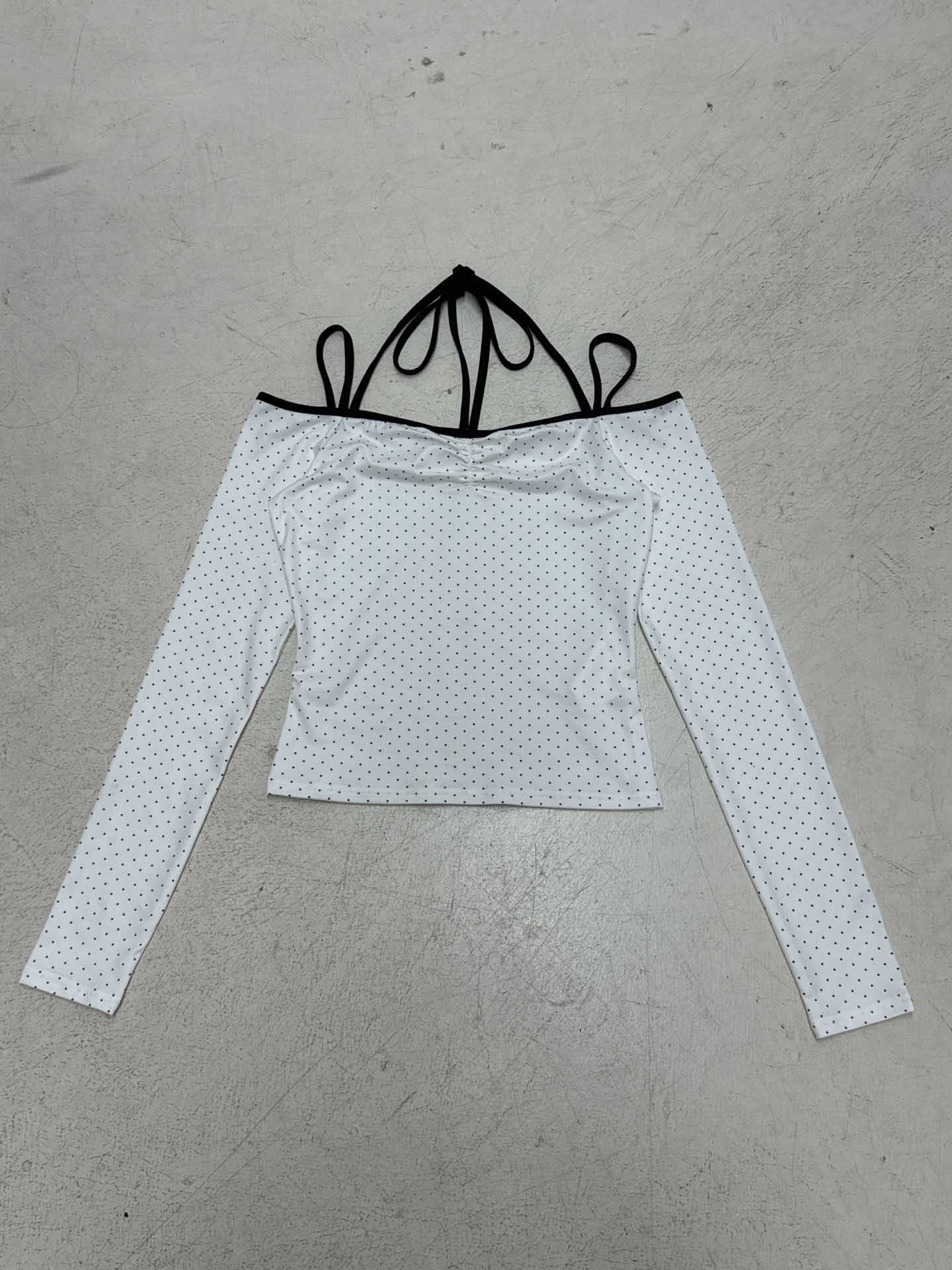 Polka Dot Tie-Butterfly Long Sleeve T-Shirt for Women Off-the-Shoulder Round Neck Crop Top