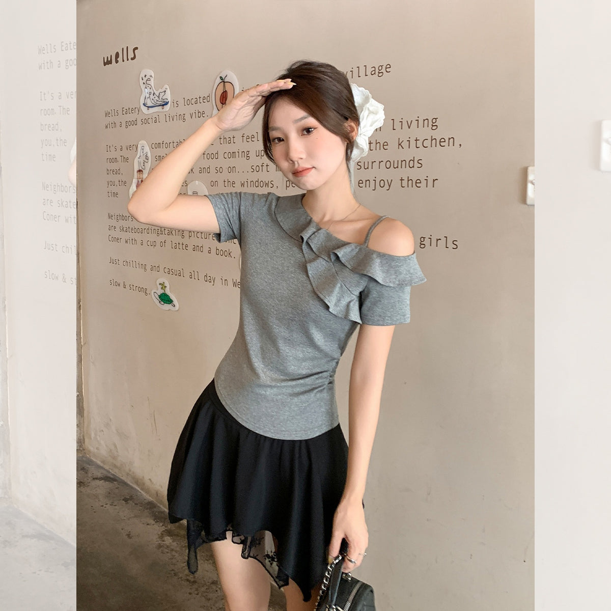 Short Sleeve T-Shirt for Women Shoulder-Baring Slimming Sexy Crop Top