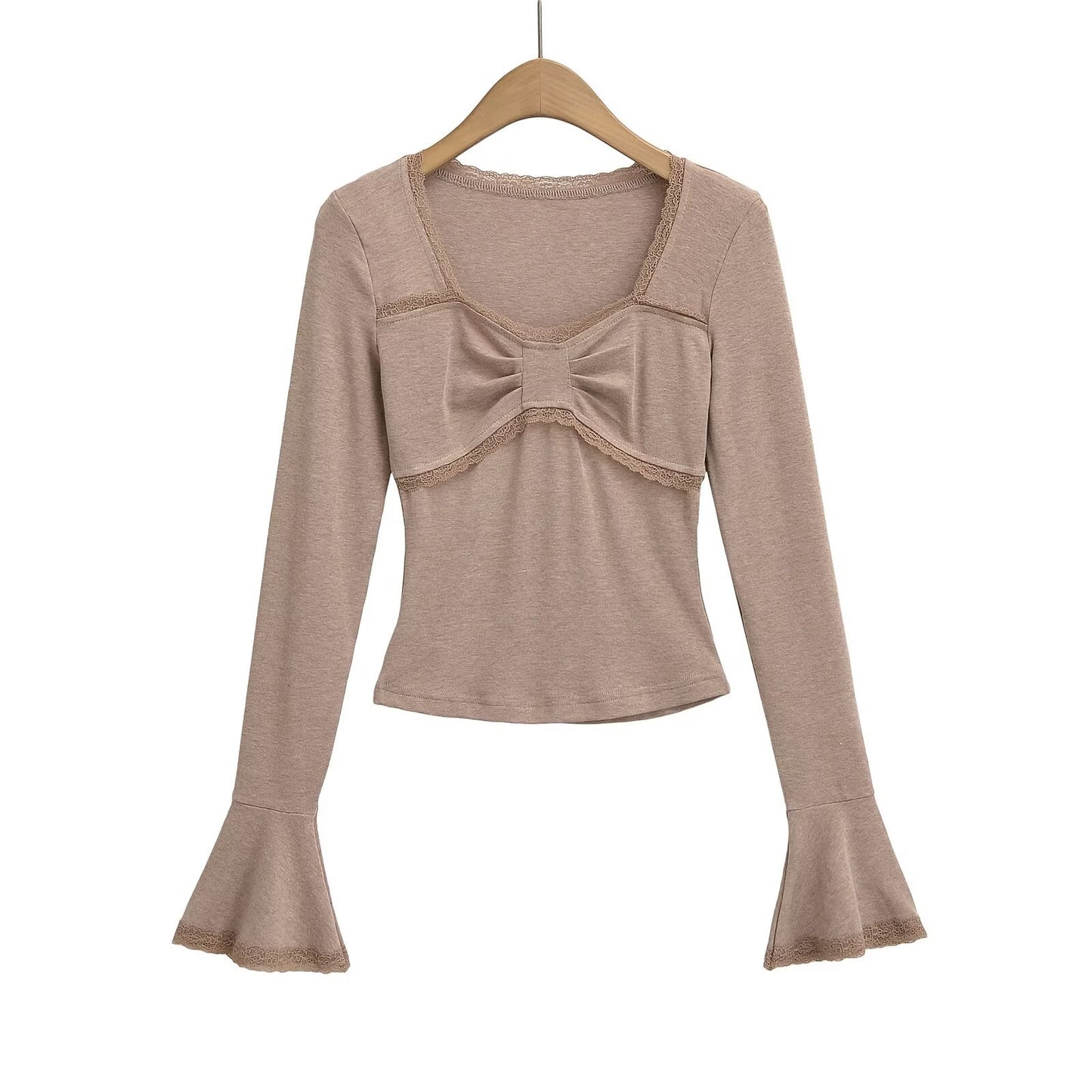 Lace Trim Flare Long Sleeve Crop Top T-Shirt