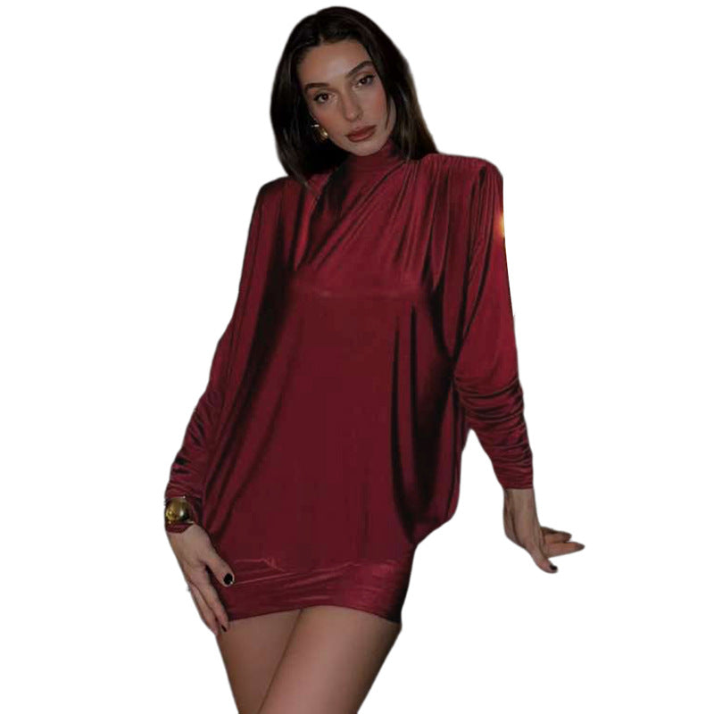 Backless high neck solid color slim fit waist hugging long sleeved dress