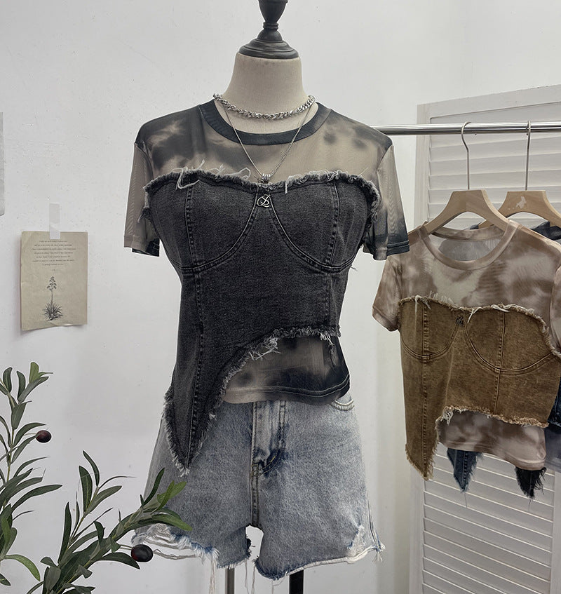 Denim Spliced Tie-Dye Mesh Fitted Irregular Fake Two-Piece Short Sleeve Top Crop T-Shirt