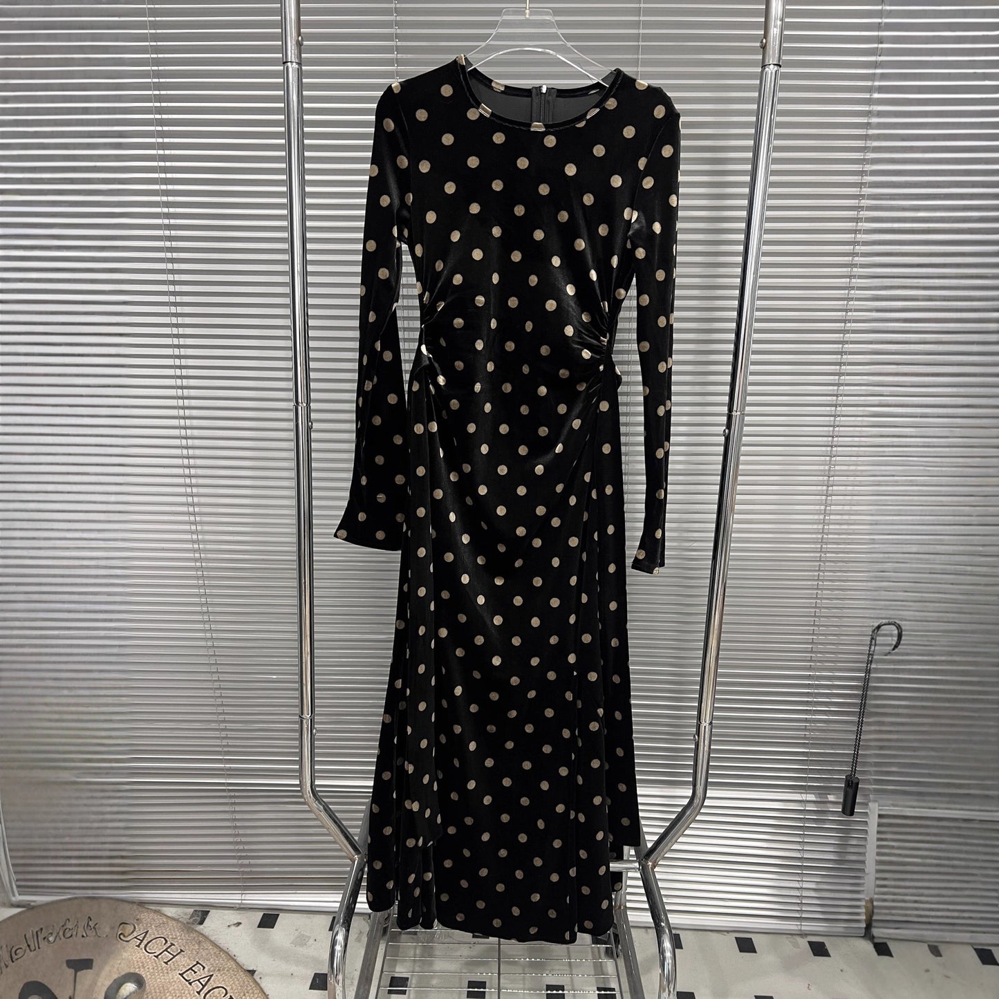 Black velvet polka dot long sleeved dress
