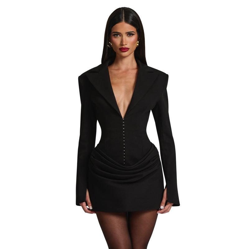 Solid color deep V-neck waist cinching slimming suit dress