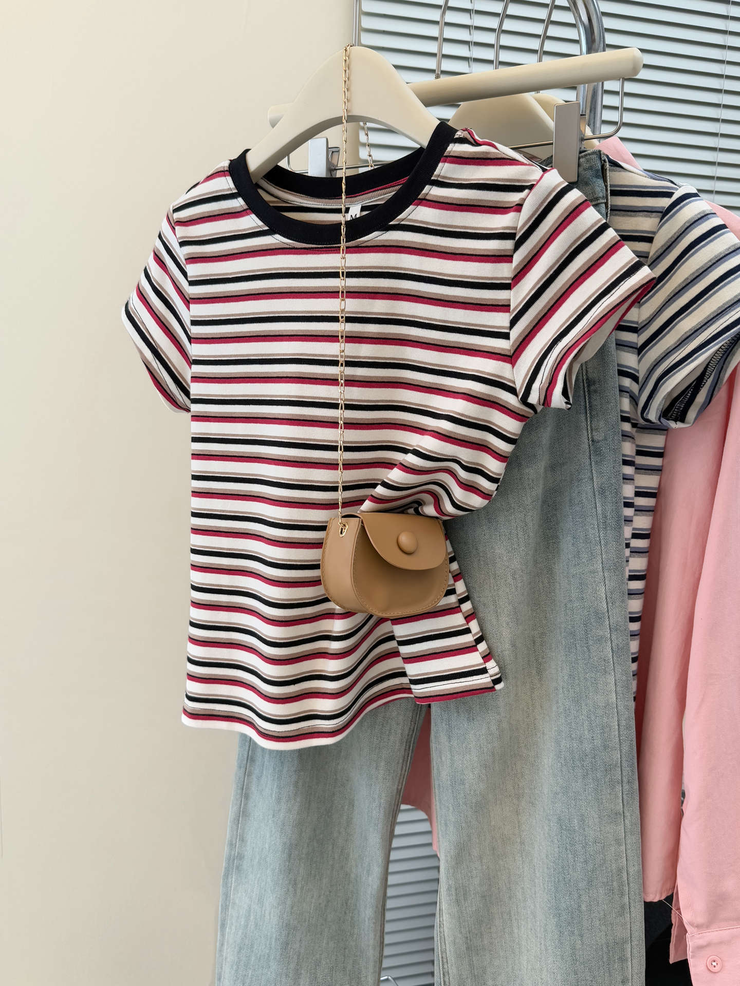 Style Summer New Color Block Stripe Short Sleeve T-Shirt Women's Slim Korean Version Short Crop Top