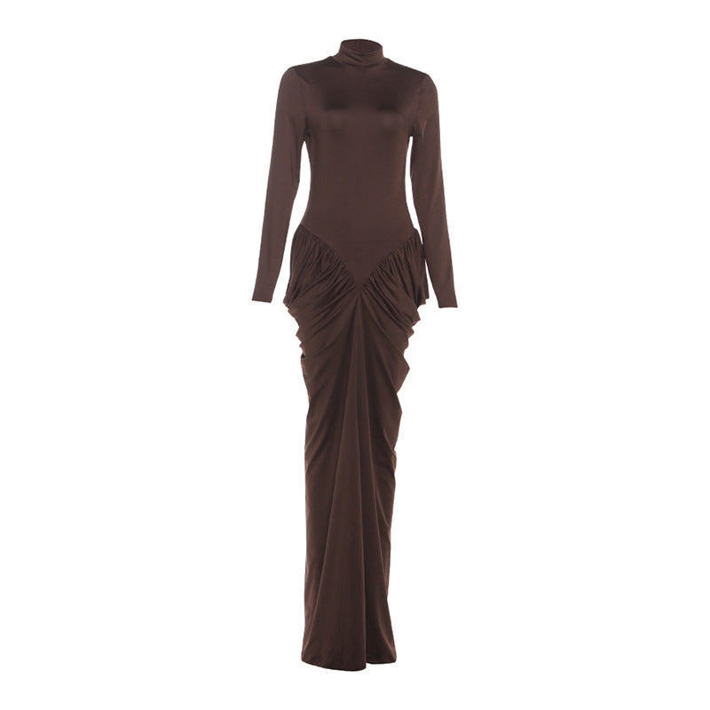 Slim fit pleated hip hugging solid color long sleeved dress