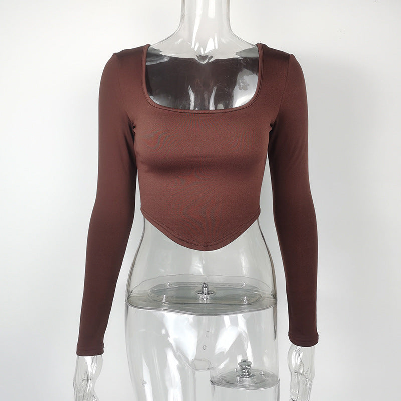 Women's long sleeved square neck crop top with exposed navel and slim fit