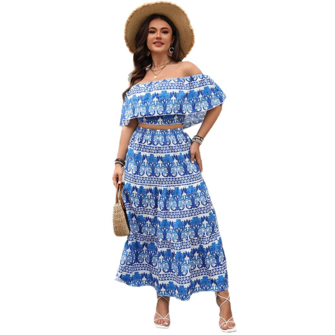 Spring Summer Women's Foreign Trade Holiday Leisure Printed One-Shoulder Crop Top Long Skirt Set