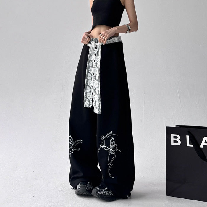 Street dance retro lace casual female jazz wide leg pants