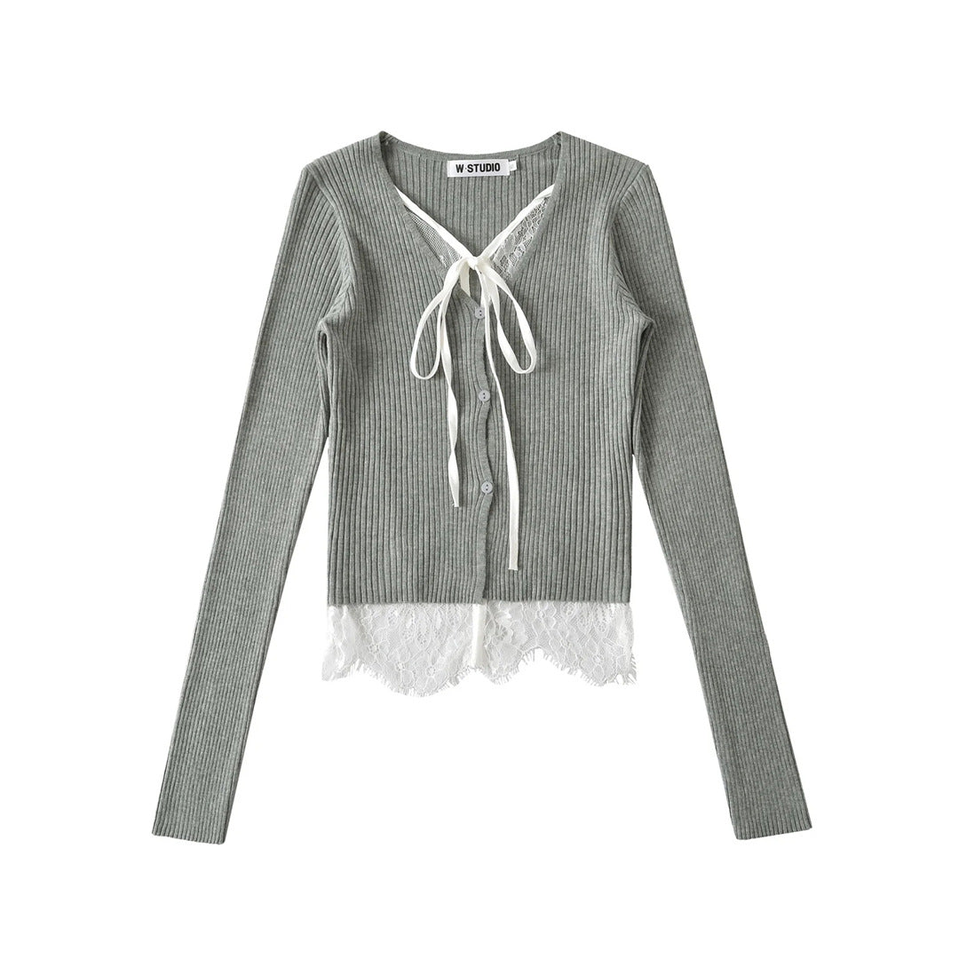 Two-Piece Lace Tie Knit Cardigan High-Waist Short Crop Long Sleeve Top Sweater