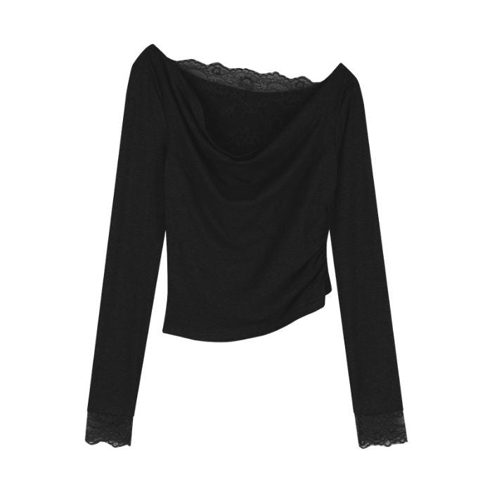Chiffon Spliced Off-Shoulder Long Sleeve T-Shirt Slim Fitting Short Crop Inner Layer Top