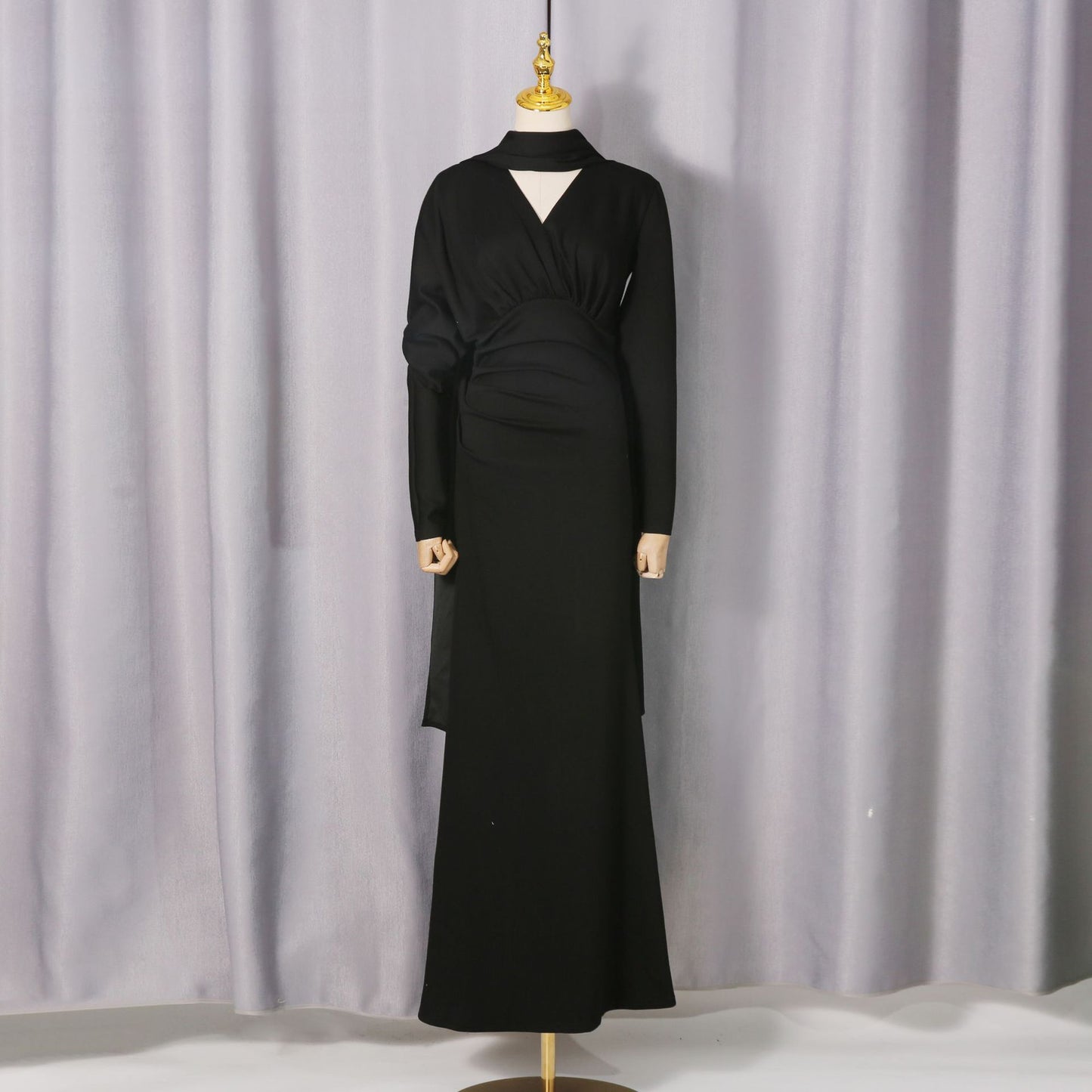 Collar+V-neck design slim fit pleated waist long skirt