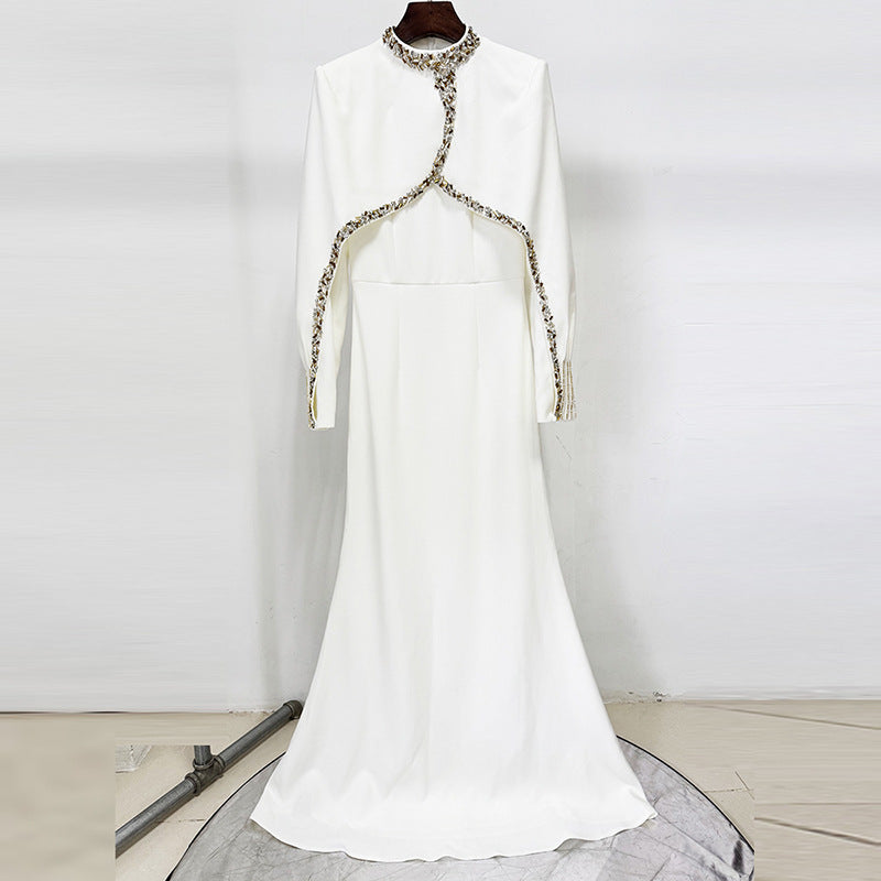 Beaded and Rhinestone Embellished Long Dress with Bat Sleeves