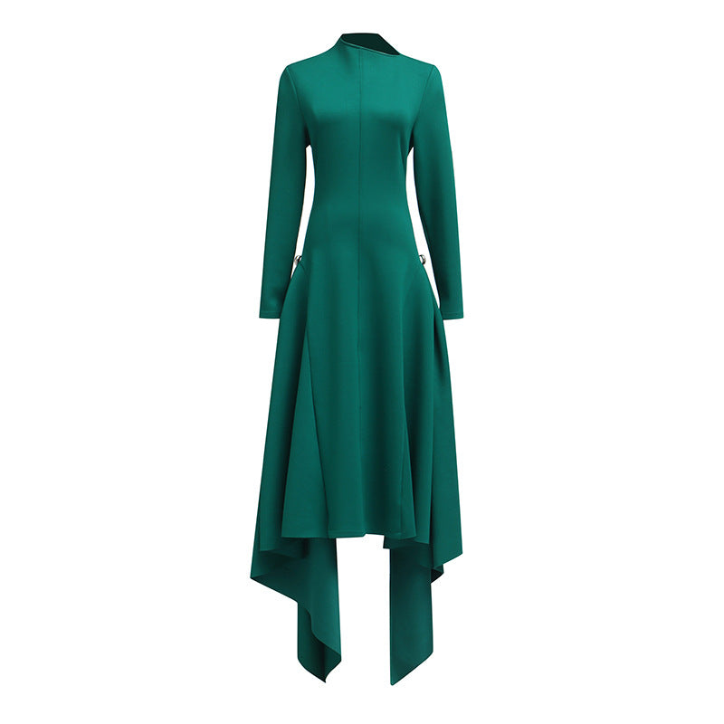 Slant neck asymmetrical large hem ruffle solid color long skirt