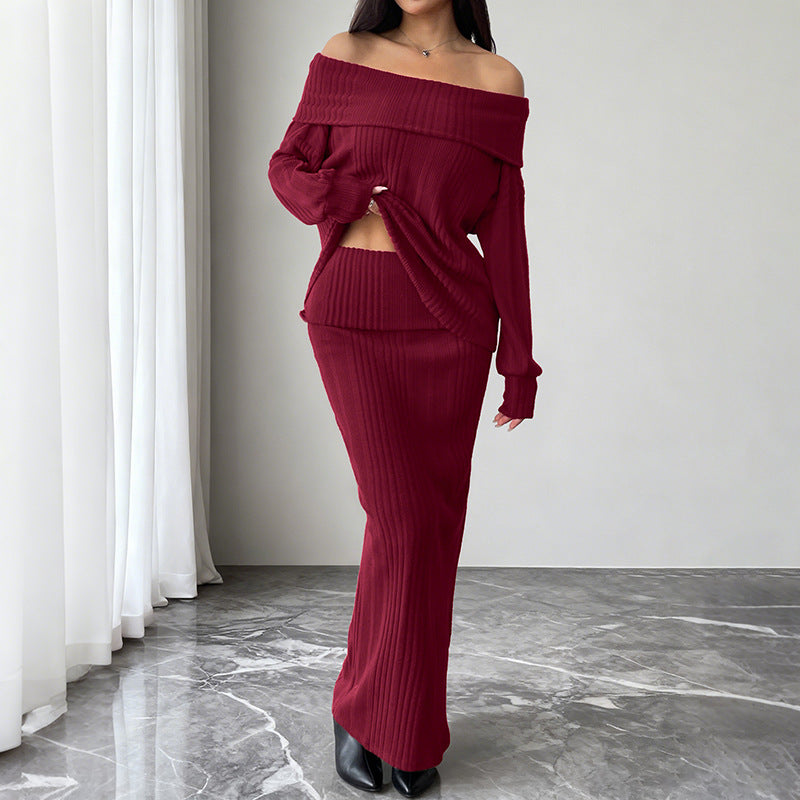Warm One Shoulder Knitted Solid Color Set