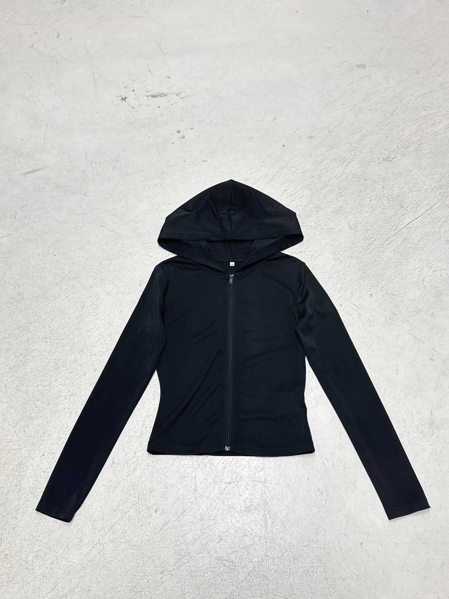 Sexy Street Style Devil Hooded Slim Fit Short Crop Long Sleeve T-Shirt Solid Color Versatile Casual Basic Top