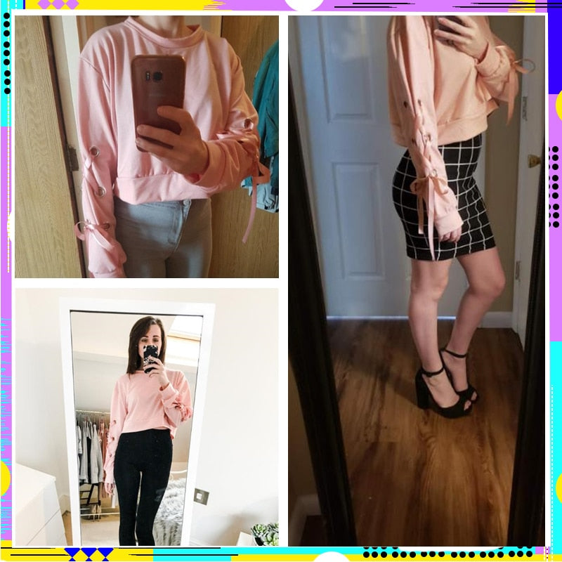 Eyelet Lace Up Sleeve Crop Sweatshirt Autumn Pink Round Neck Cute Pullovers Women Long Sleeve Casual Sweatshirt