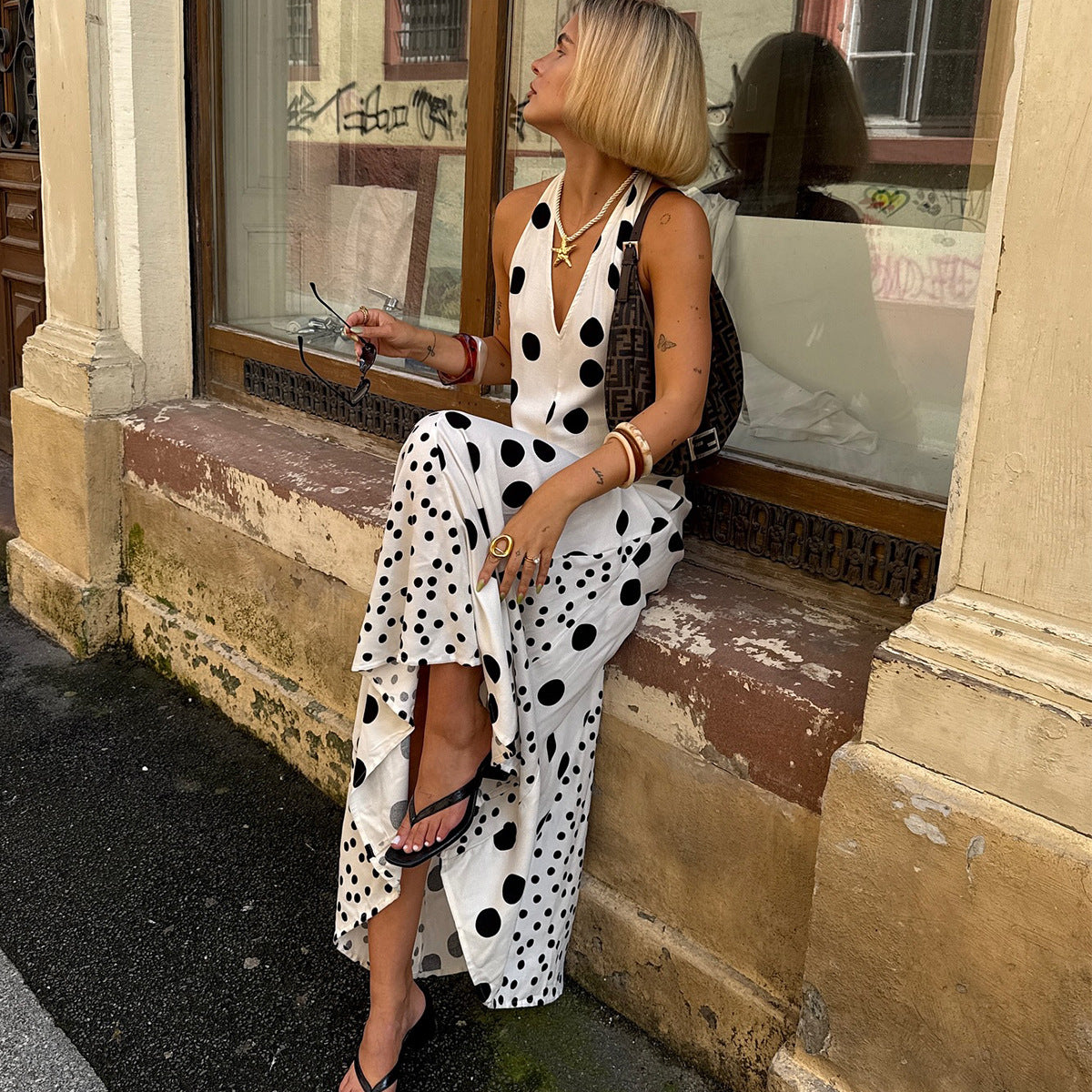 Slim fit backless printed strap hanging neck dress for women