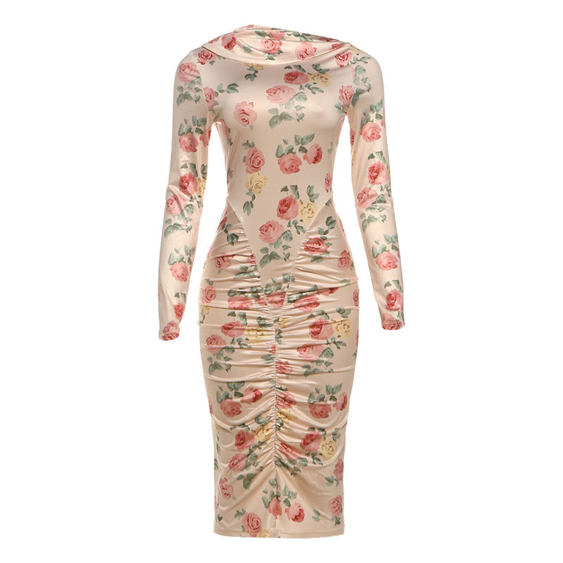 Slant shoulder slim fit pleated printed long sleeved mid length dress