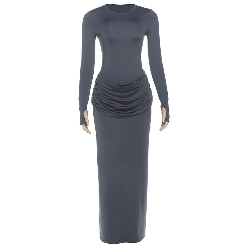 Slim fit round neck solid color pleated long sleeved dress for women