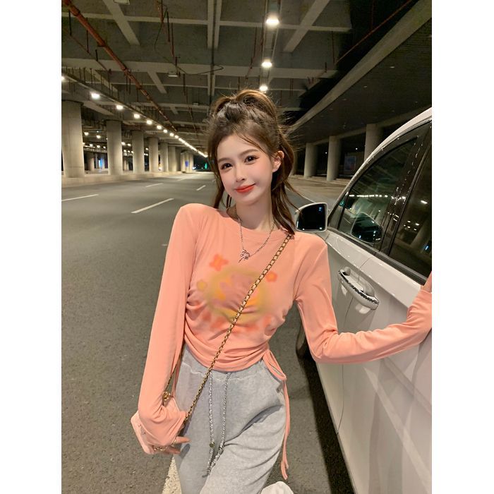 Cute Bear Print Long Sleeve T-Shirt for Women, Fitted Slim Fit Crop Top
