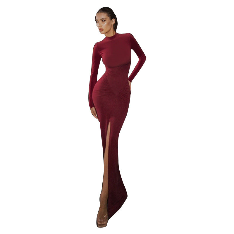 Half high neck sexy long sleeved waist cinching slim fit waist hugging split hip dress