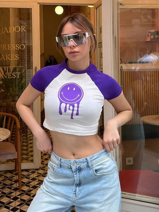 Women's Short Crop Top Belly Show Smiling Face Print Spicy Girl Short Sleeve Spring