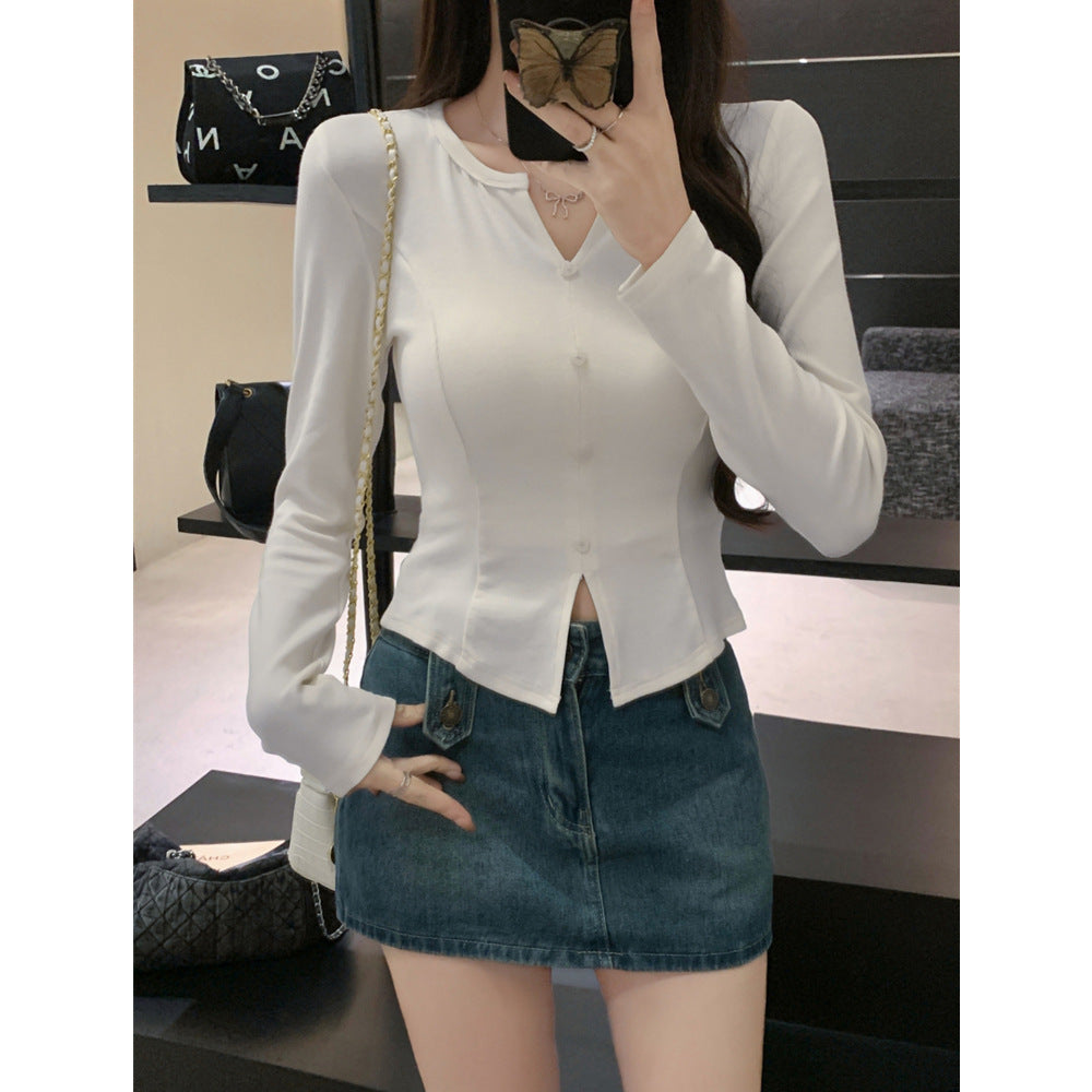American Style Short Crop Open Front Long Sleeve T-Shirt for WomenStyle Slim Fit Base Layer Velvet V-Neck Top