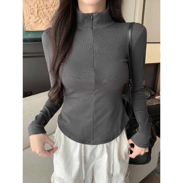 Solid Color High Neck Long Sleeve T-Shirt for Women Fleece-Lined Warm Inner Wear Slim Fit Crop Top