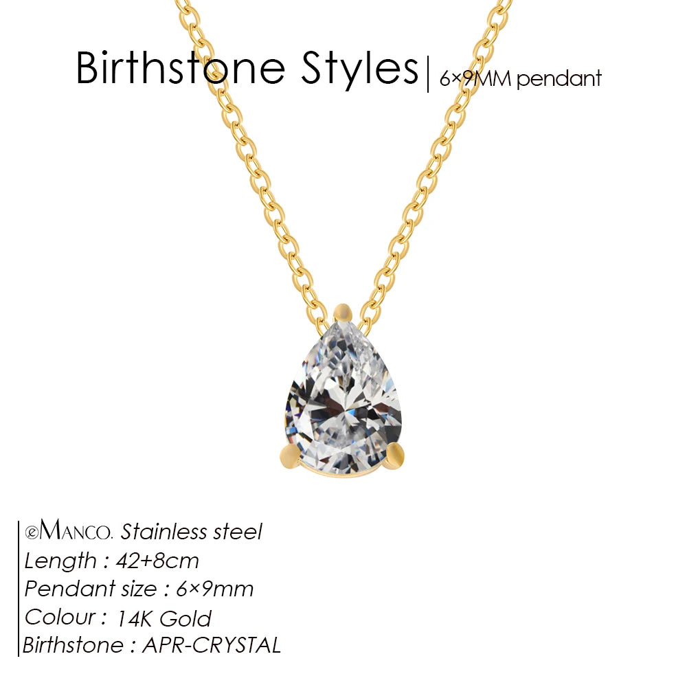 eManco Hot Sale Stainless Steel Teardrop Zirconia Pendant Shiny Crystal Necklace Women's Birthstone Collarbone Chain Wholesale