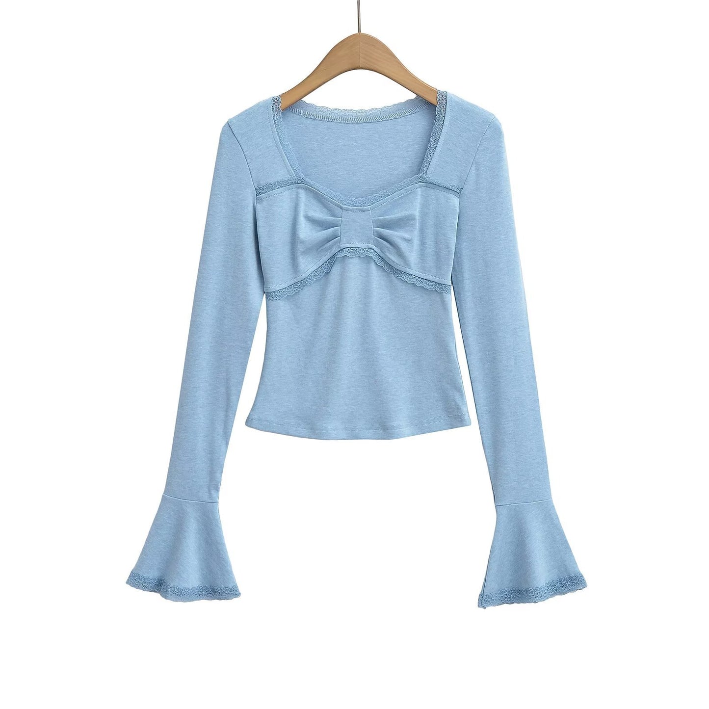 Lace Trim Flare Long Sleeve Crop Top T-Shirt
