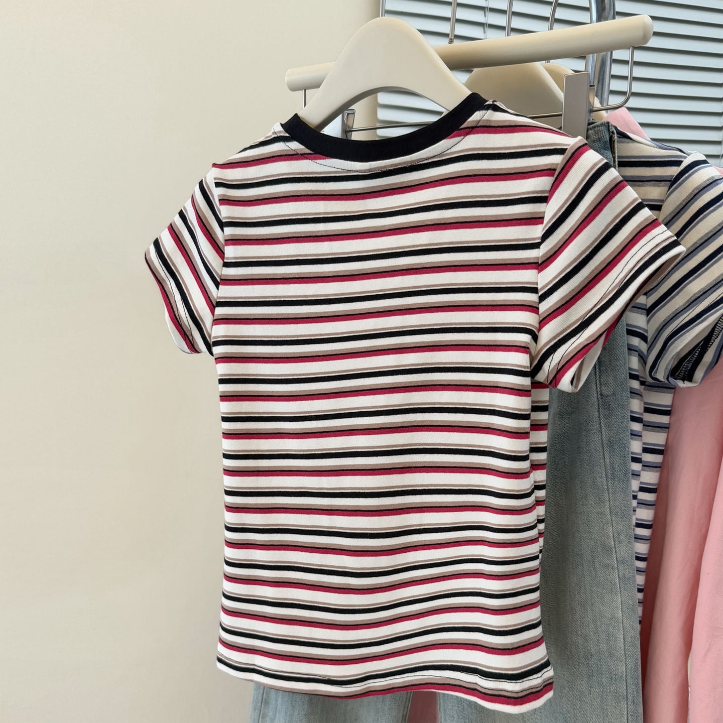 Style Summer New Color Block Stripe Short Sleeve T-Shirt Women's Slim Korean Version Short Crop Top