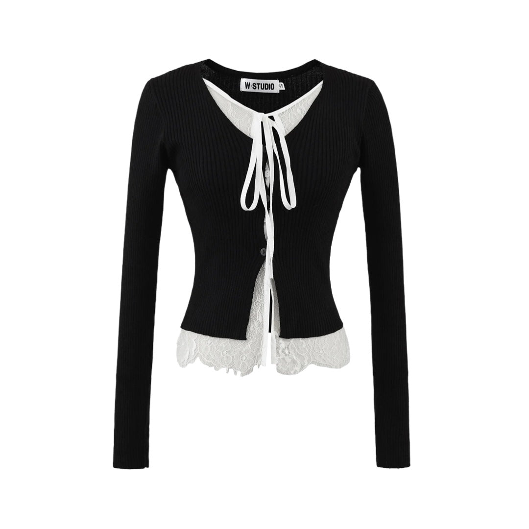 Two-Piece Lace Tie Knit Cardigan High-Waist Short Crop Long Sleeve Top Sweater