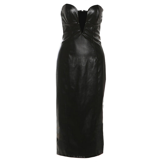 V-neck slim fit backless PU leather strapless dress
