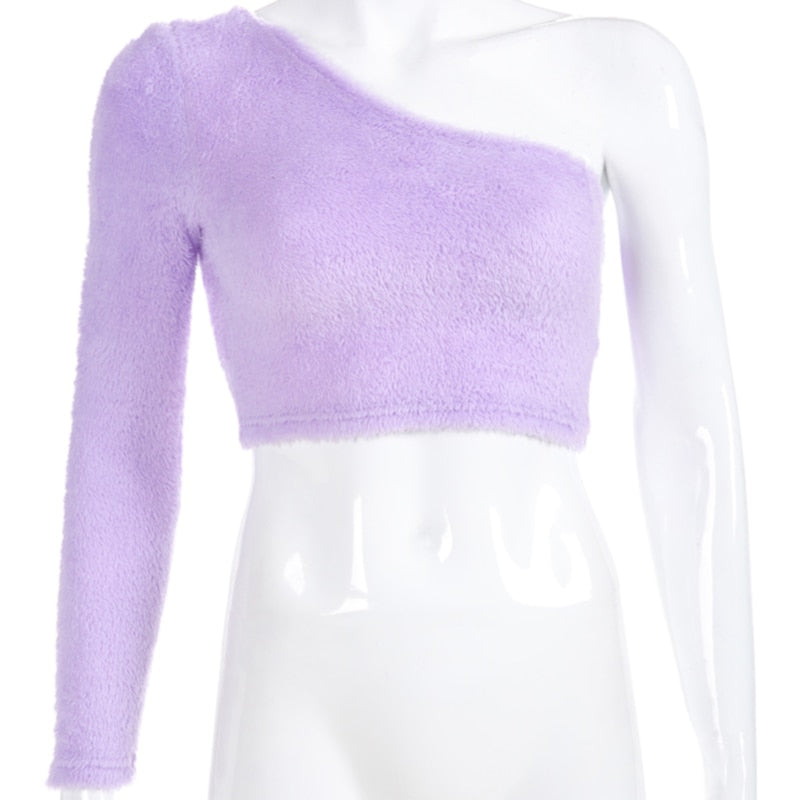 2021 Sexy One Shoulder Tops For Women Asymmetrical T Shirt Women Purple Womens Tshirts Casual Long Sleeve Crop Top