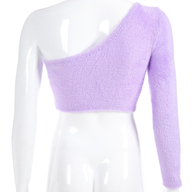 2021 Sexy One Shoulder Tops For Women Asymmetrical T Shirt Women Purple Womens Tshirts Casual Long Sleeve Crop Top