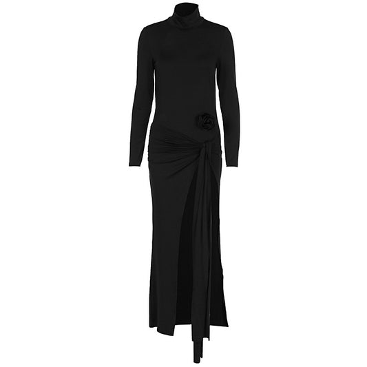 High neck backless long sleeved jumpsuit with sexy slit skirt set