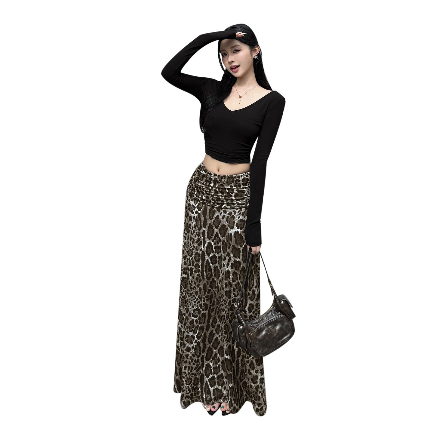 V-neck top leopard print skirt set minimalist casual set long skirt