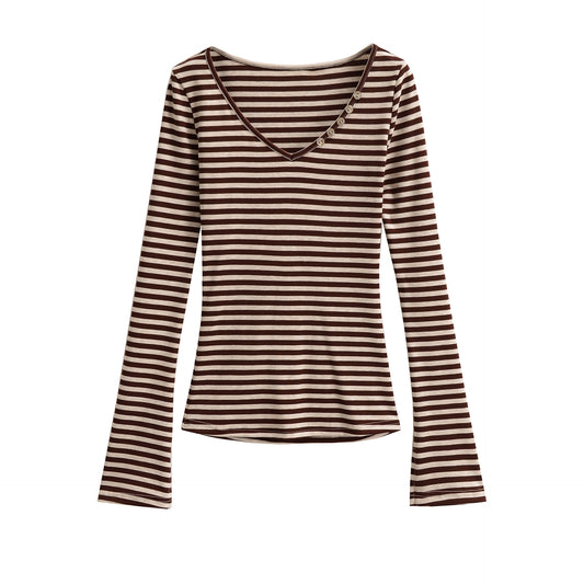 Tencel V-neck striped flared sleeve top for women
