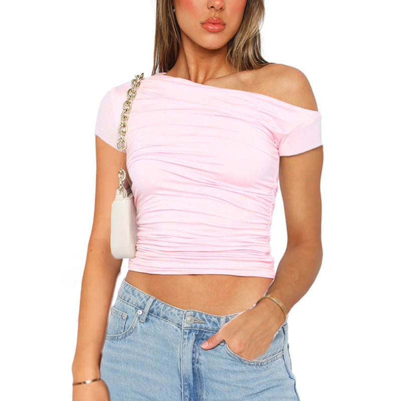 Women's Clothing New Pure Color Off-the-Shoulder Short Sleeve Shirred Crop Top T-Shirt