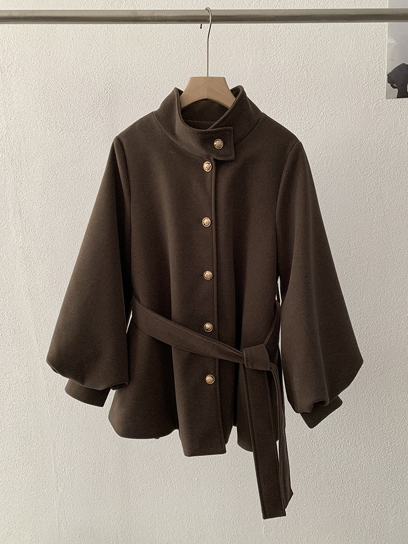 Belted closure Style Stand-Up Collar Wool Coat with Belted Waist, A-Line Mid-Length Tassel Sleeve for Women