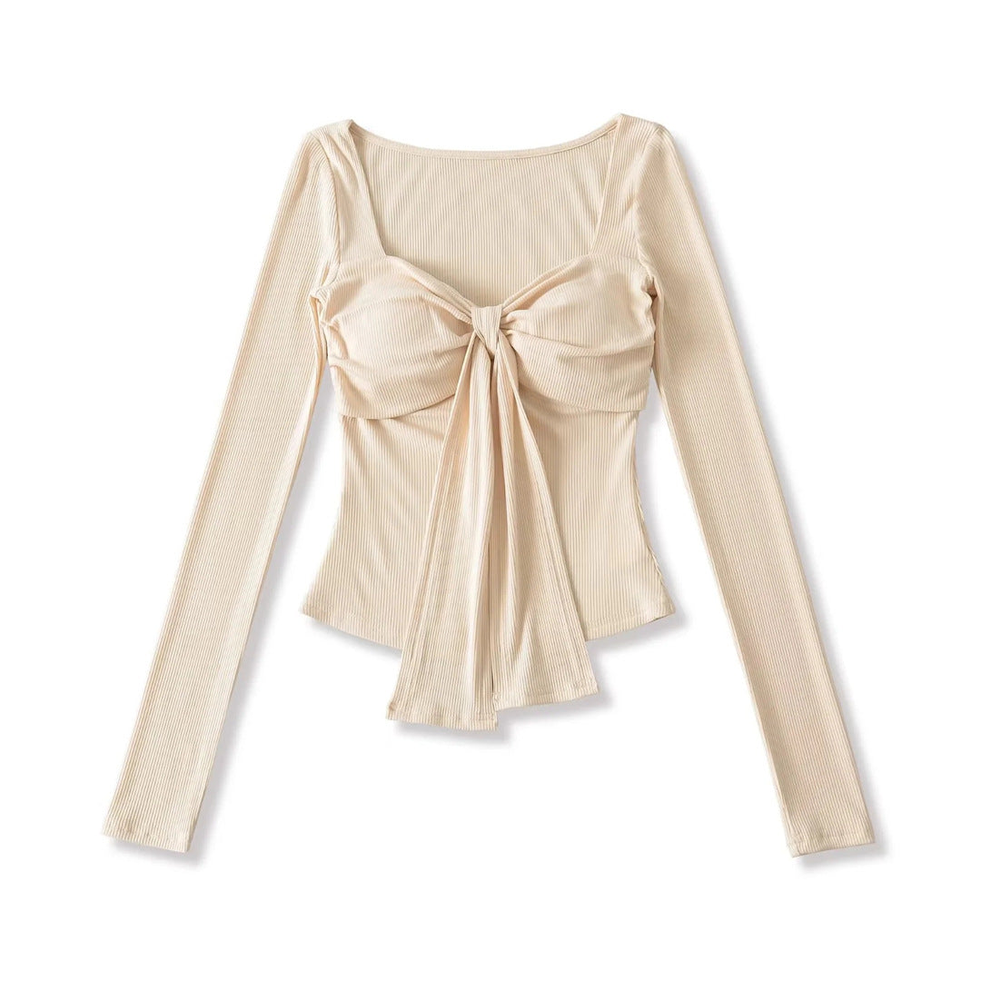Sense Solid Color Padded Bow Knotted Long Sleeve T-Shirt Spring Sexy Crop Top with Ruched Fitted Design